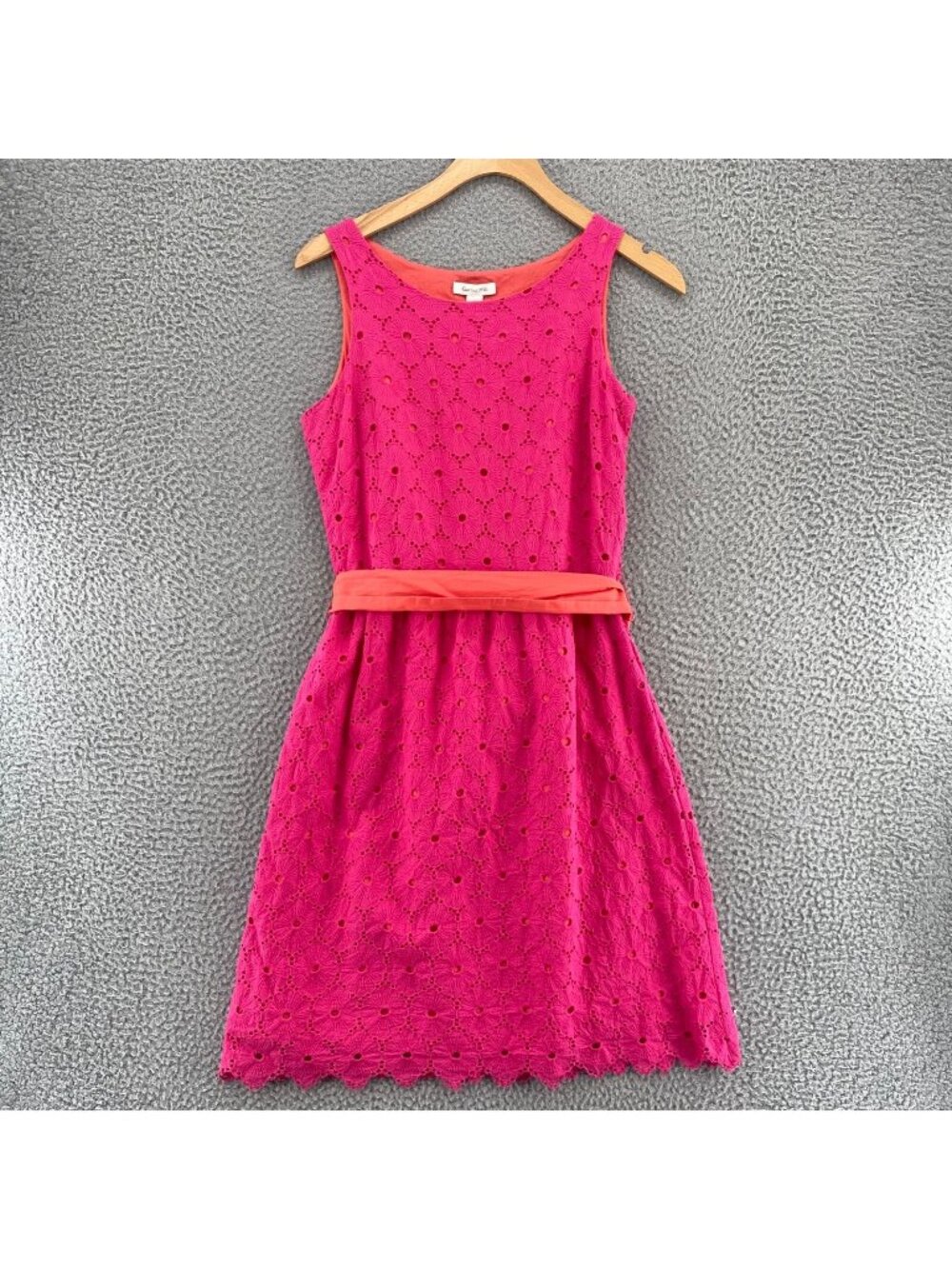 Garnet Hill Dress Womens 2 Coral Cotton Eyelet Lace Floral Fit & Flare Belted